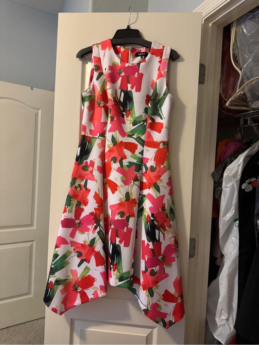 DKNY White Floral A-Line Dress with Pink & Red Blooms